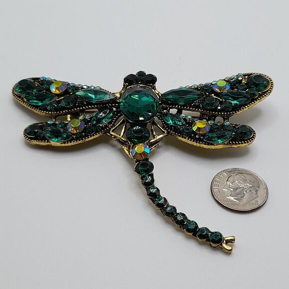 Dragonfly Large Brooch Pin Green Crystal Rhinestone Jewelry - Picture 9 of 13